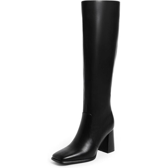 ✨ Modatope Long Boots Women Black Faux Leather Knee High Chunky Square Toe Boots - Picture 1 of 8